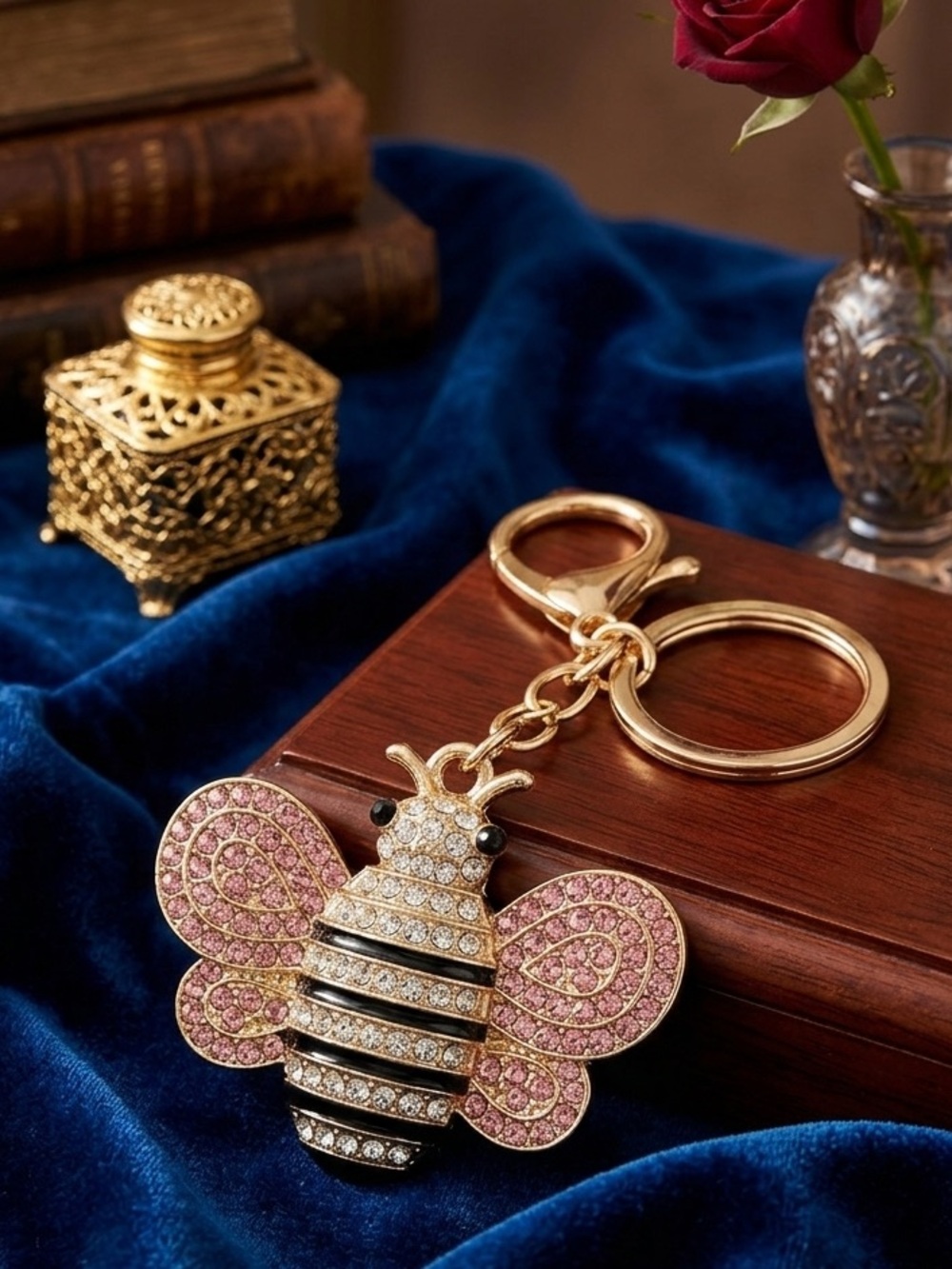 Gold Tone Pink & Clear Pave Crystal Bee Keychain  Charm - Luxury Bag Charm 4”x2”
